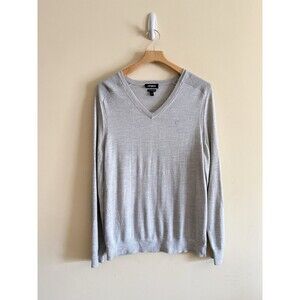 Express Mens Sz Large Merino Wool Blend V-Neck Pullover Sweater Gray stretch